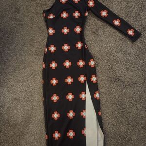 Black Floral One-Shoulder Maxi Dress with Side Slit